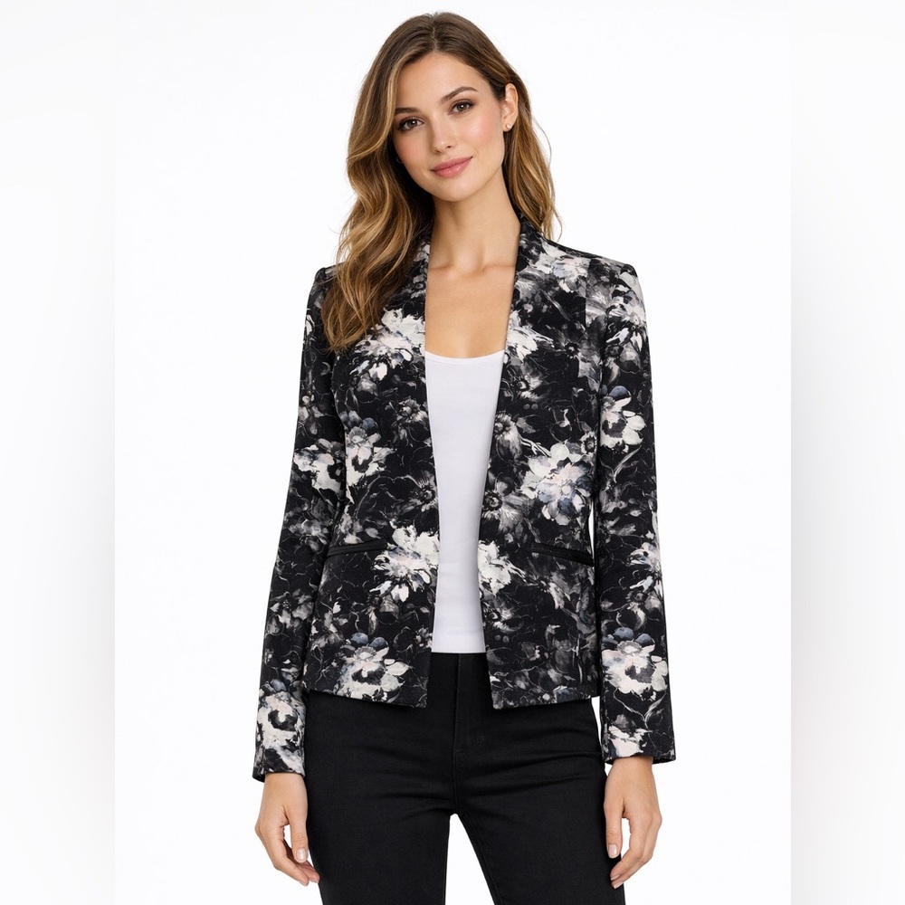 Rebecca Taylor Black Floral Open Front Blazer Lamb Leather Pocket Trim Size 4